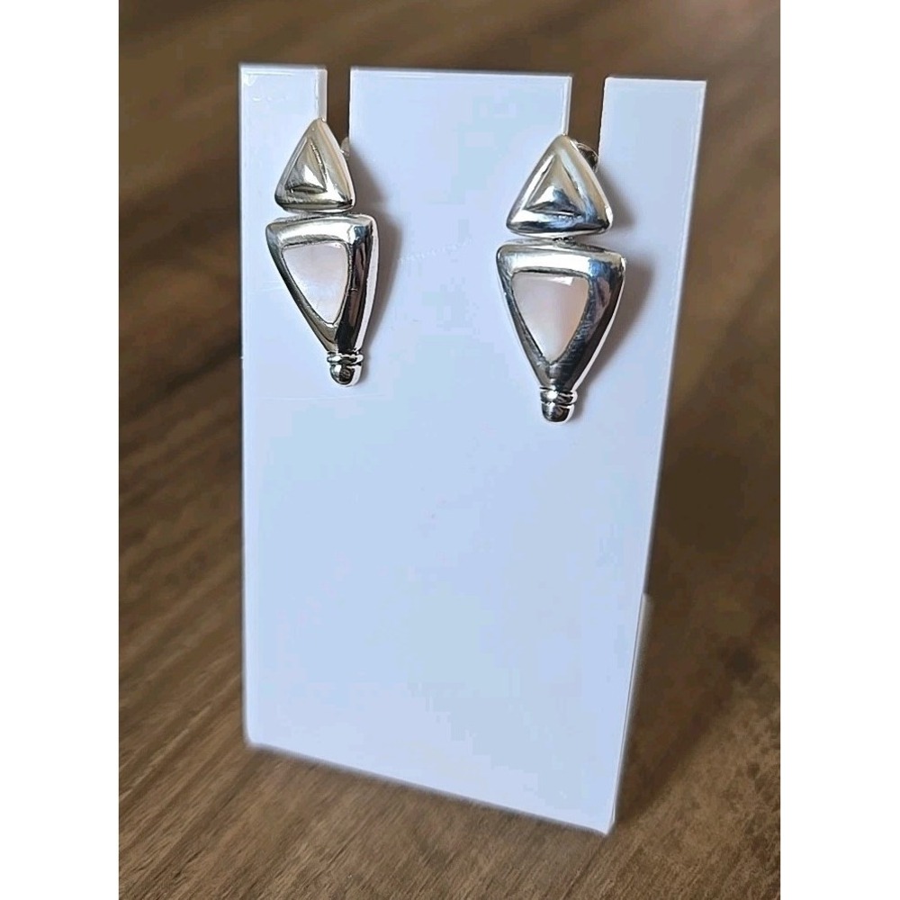 925 Sterling Silver Thailand Triangular Dangling Mother of Pearl Post Earrings